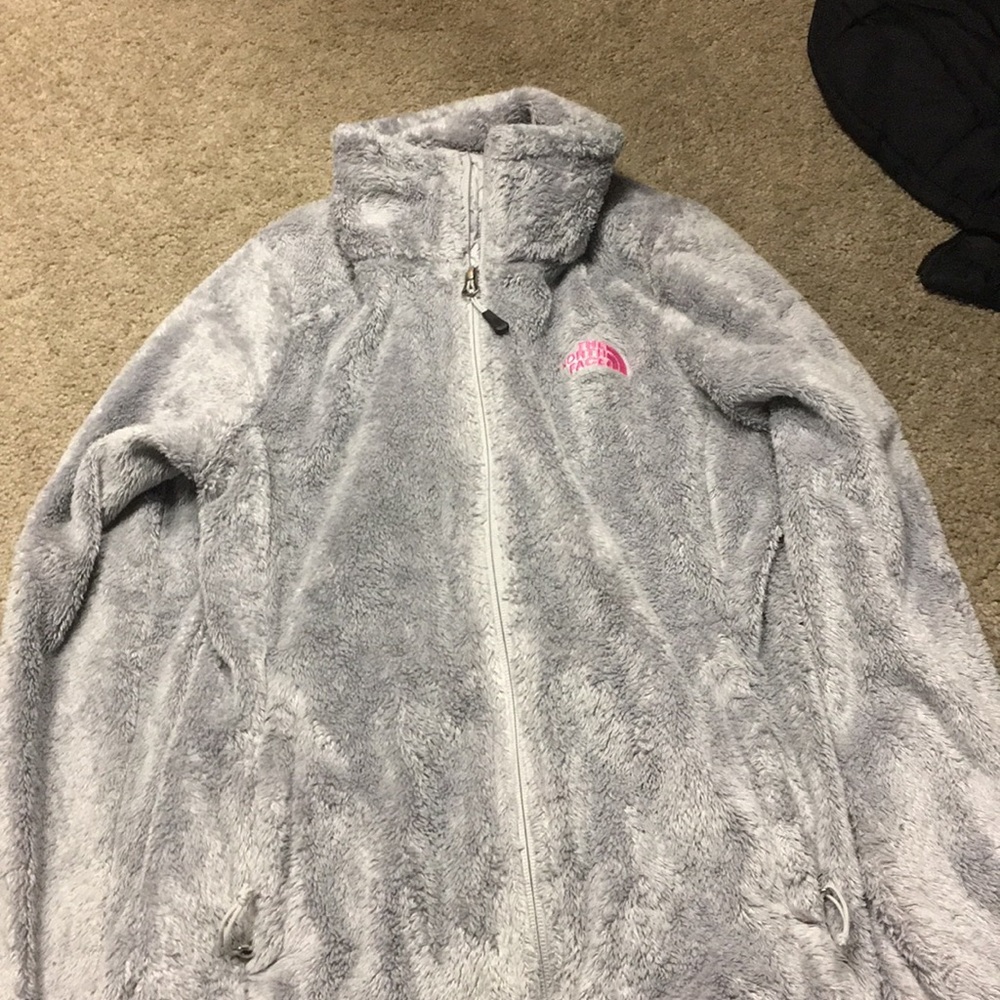 Grey fuzzy north face jacket